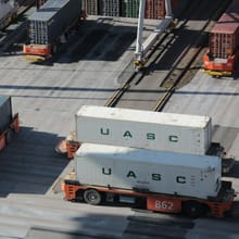 Shipping containers at a rail and truck terminal